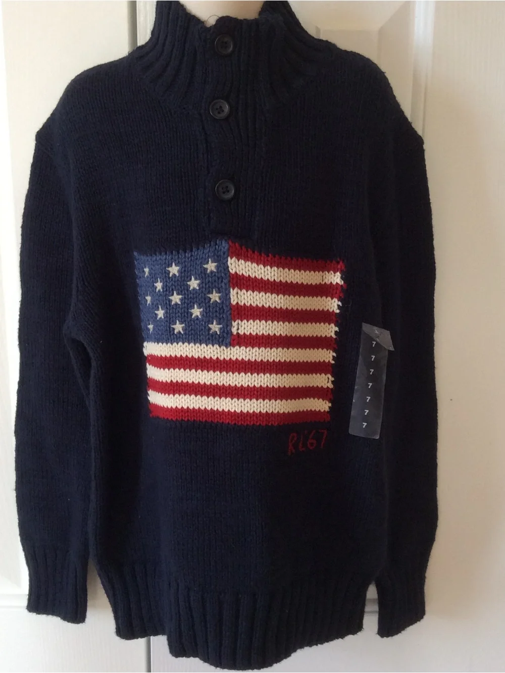 Ralph Lauren Navy Boys Knit Cardigan with American Flag Motif- Size 7 - NWT